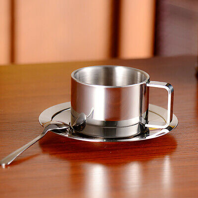 3pcs Stainless Steel Coffee Cup Set Double Walled With Saucer Spoon Tableware