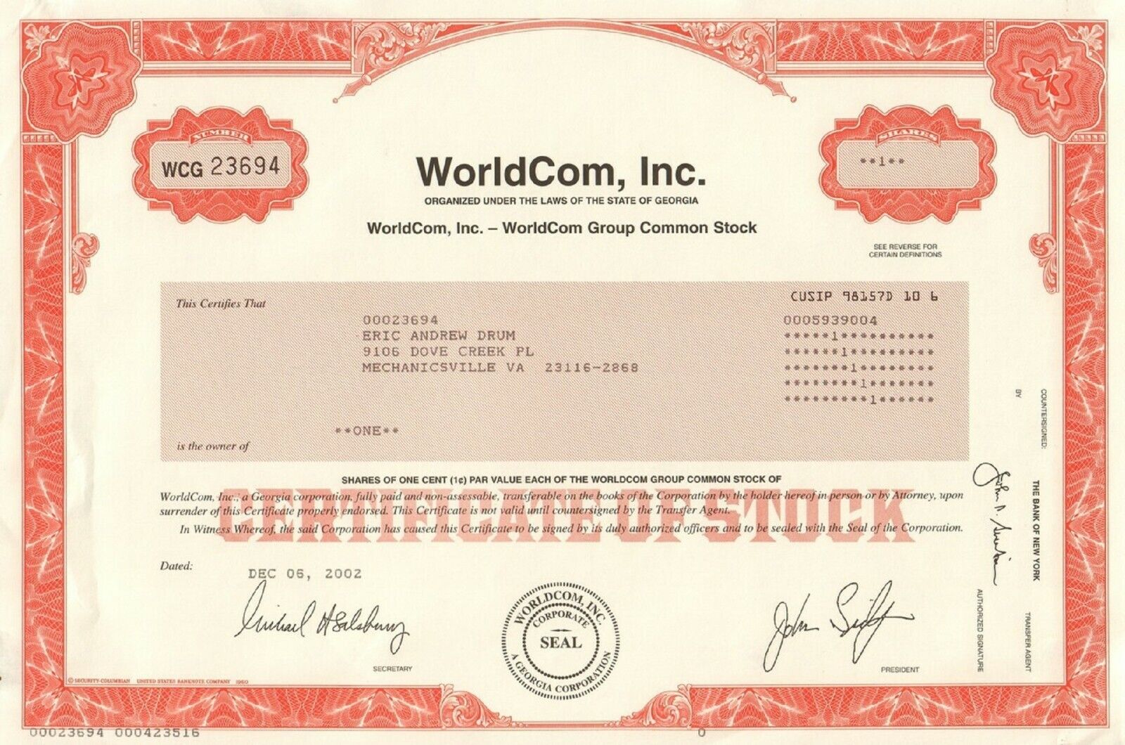 Worldcom Stock Certificate Infamous Scandal Accounting Fraud