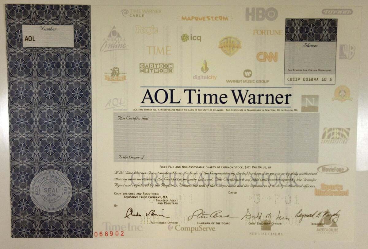 Aol Time Warner Inc., 2001 Odd Shrs Specimen Stock Certificate, Xf Abnc -white