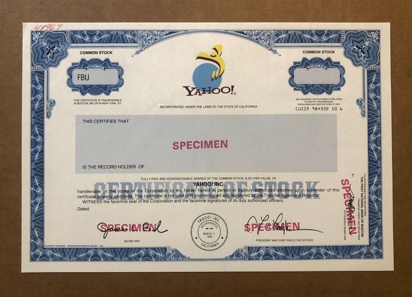 Yahoo Ipo Version 1995 Specimen Stock Certificate California Rare Internet Era