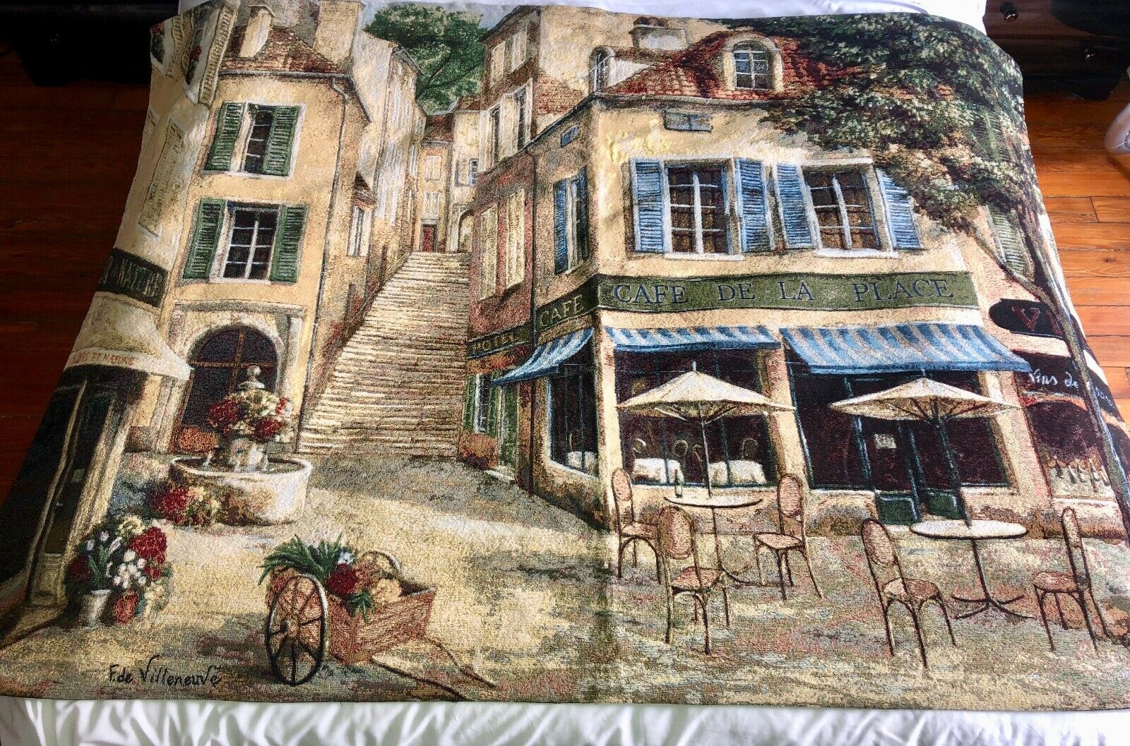 Fabrice De Villeneuve Cafe De Paris Brocade Tapestry Fabric Wall Hanging 70"x50"