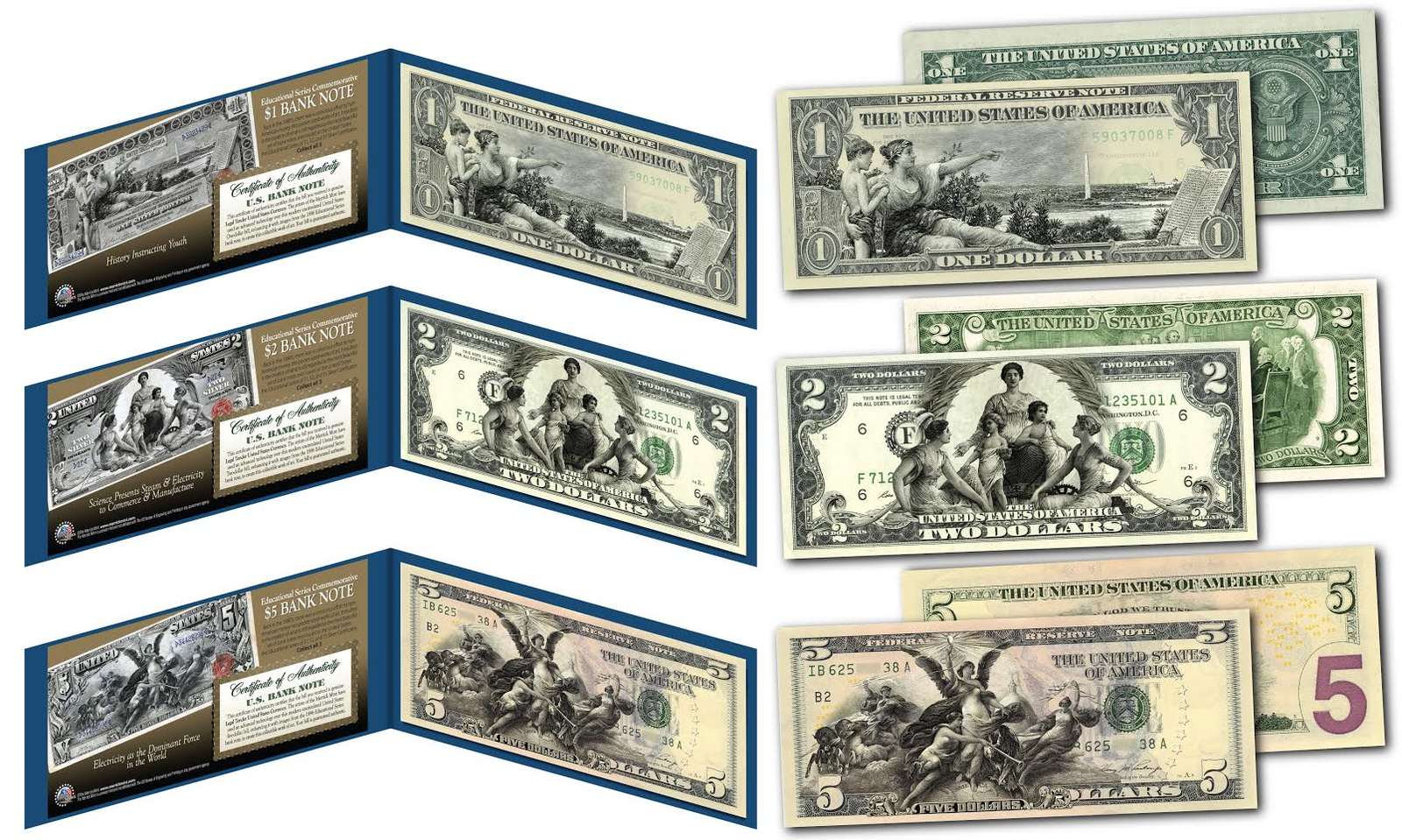 Educational Series 1896 Designed New Legal Tender Bills $1/$2/$5 - Set Of All 3