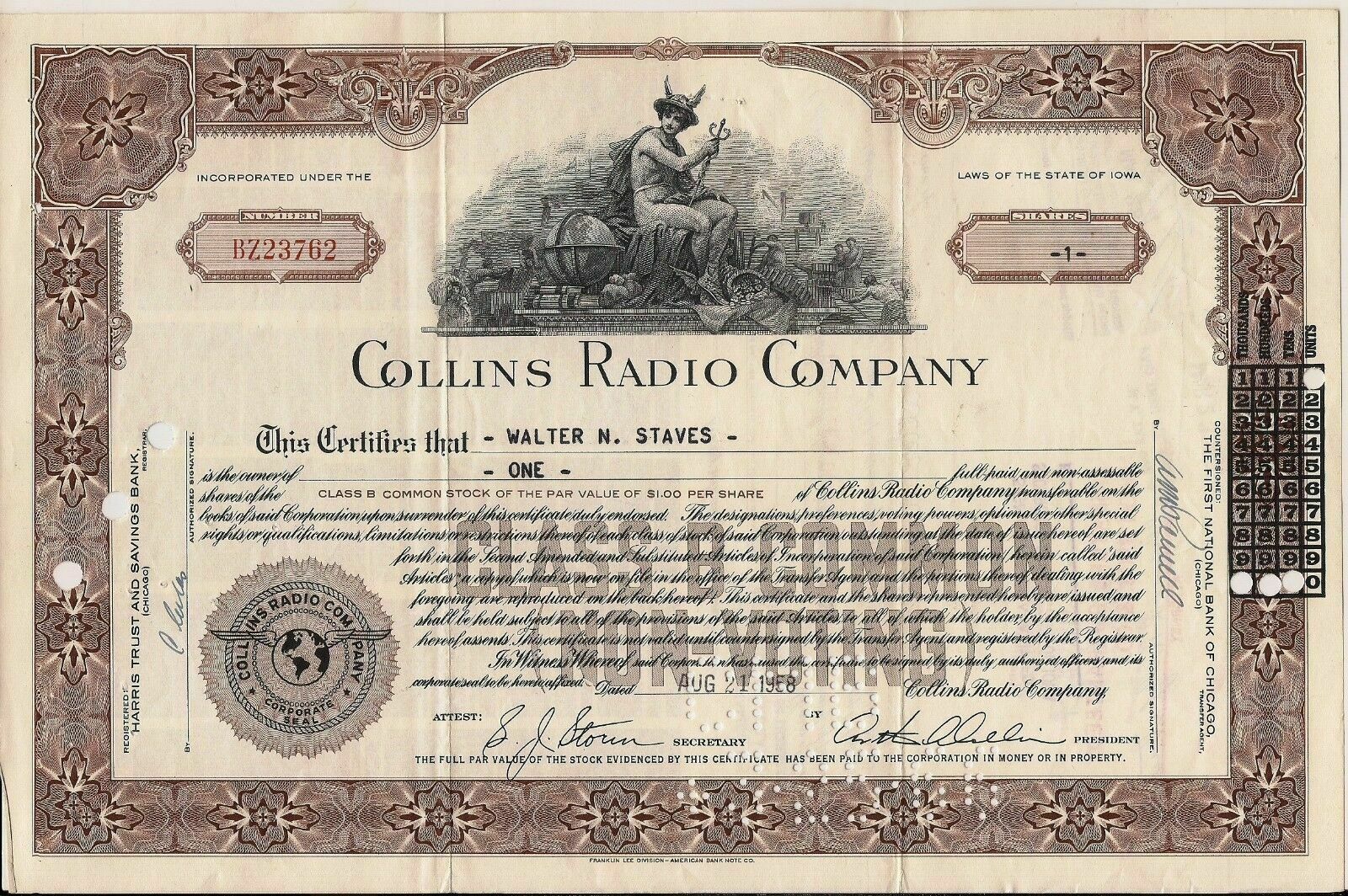 Stock Certificate Collins Radio Company From 1950's.
