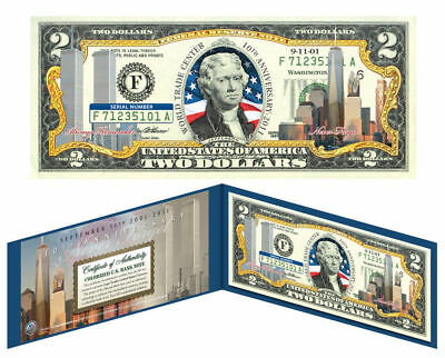 World Trade Center 9/11 * 10th Anniversary * Colorized $2 Us Bill Freedom Tower