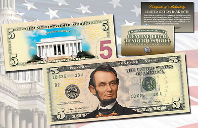 Lincoln Memorial Day Version Genuine Legal Tender Colorized 2-sided $5 Us Bill