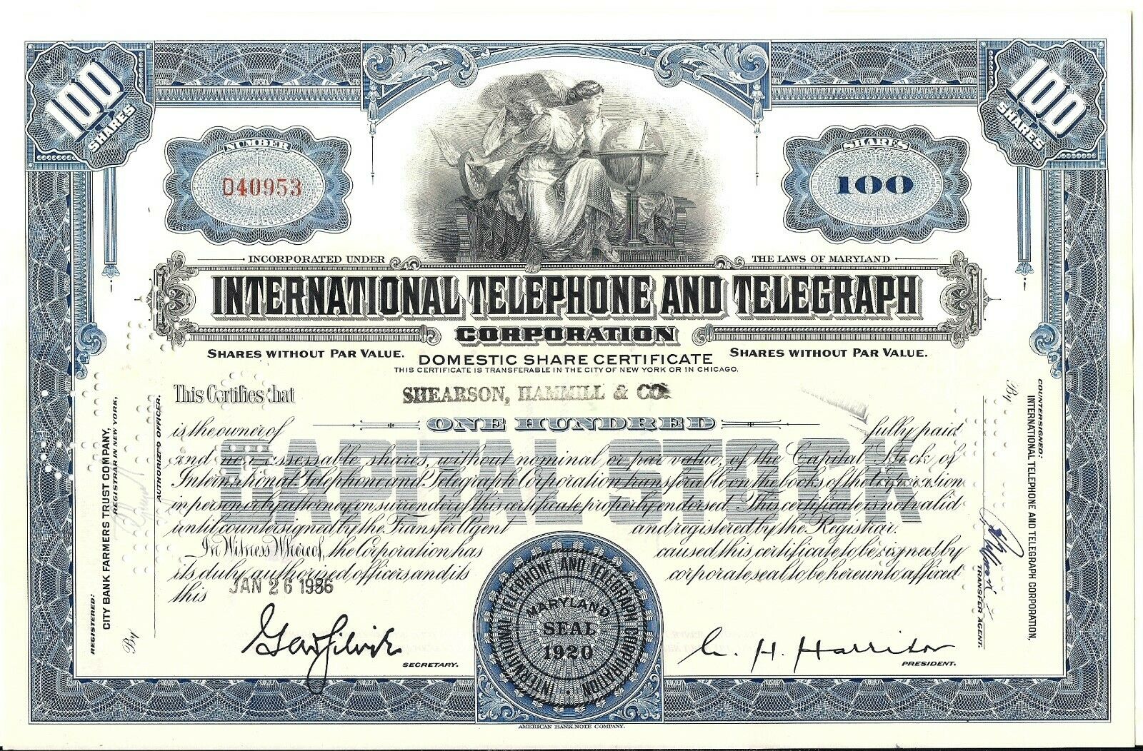 Stock Certificate International Telephone & Telegraph Corp. 1950's