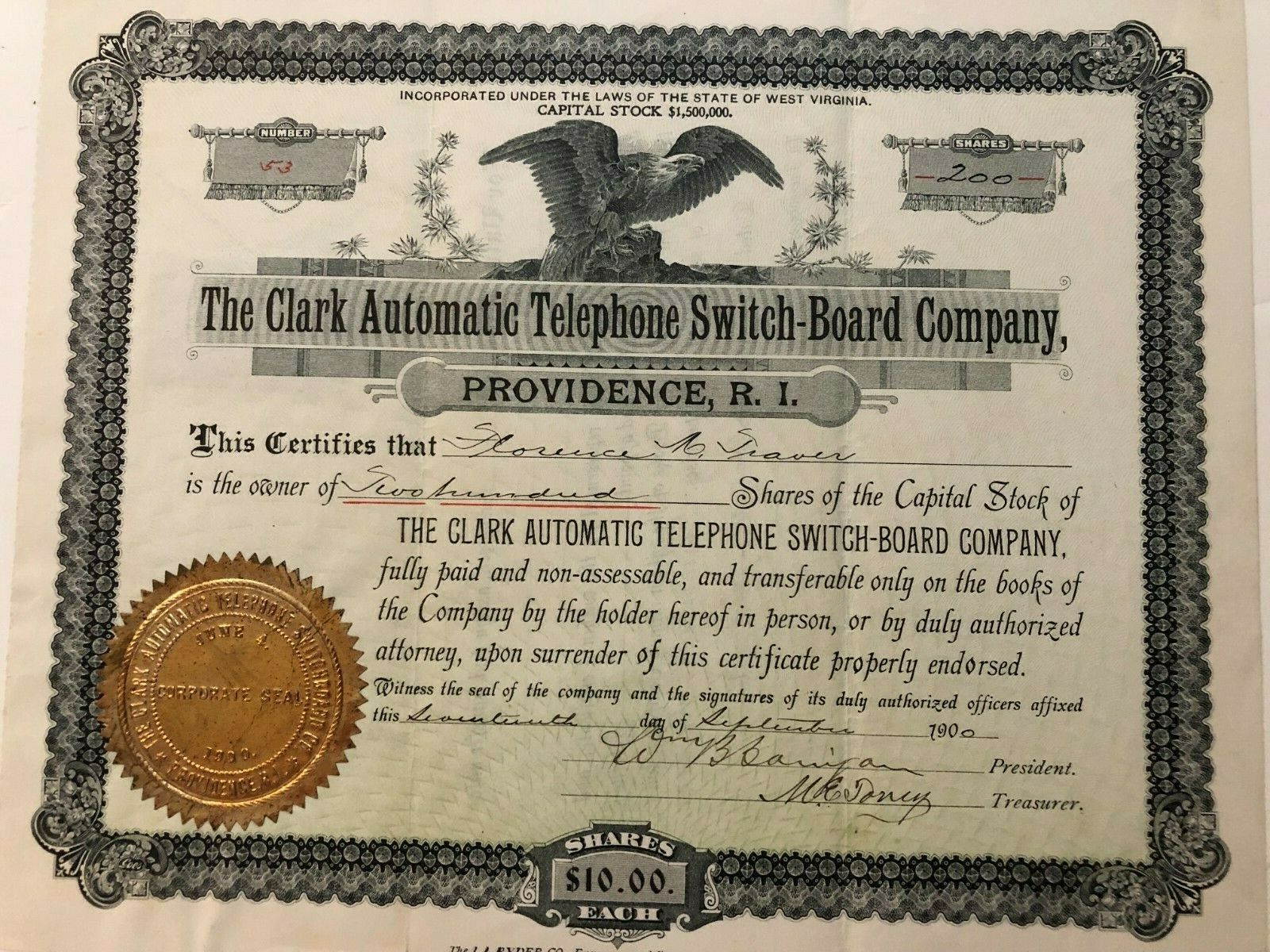 1900 Clark Telephone Switchboard Co. Stock Certificate
