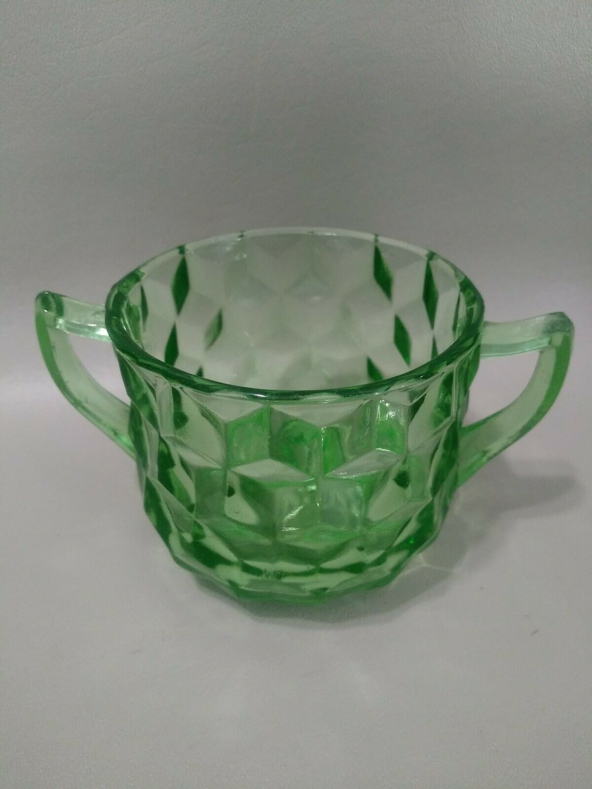 Jeanette Cubist Cube Green Depression Glass Open Sugar Bowl 3" Vintage