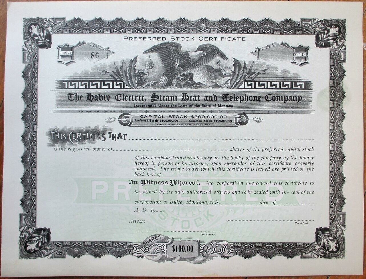 Havre, Mt 1900 Stock Certificate, Electric Steam Heat And Telephone Co., Montana