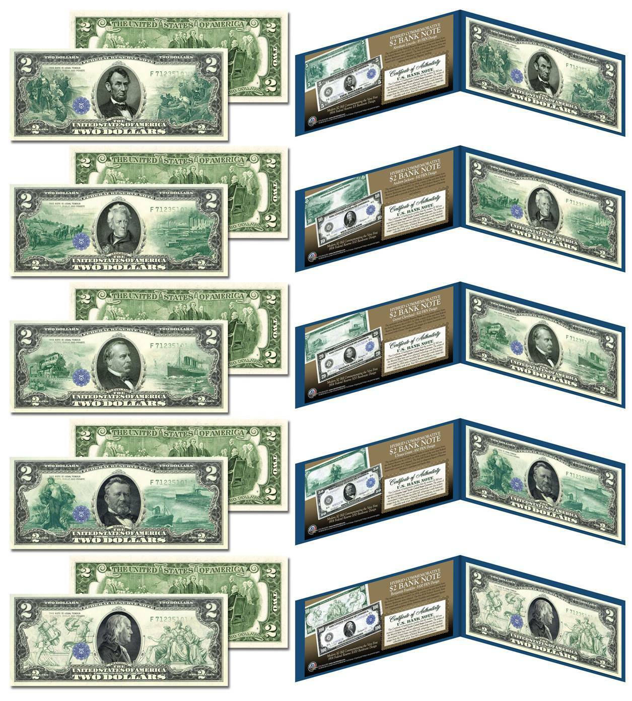 1914 Federal Reserve Bank Notes Hybrid Commemorative - Set Of 5 Modern $2 Bills