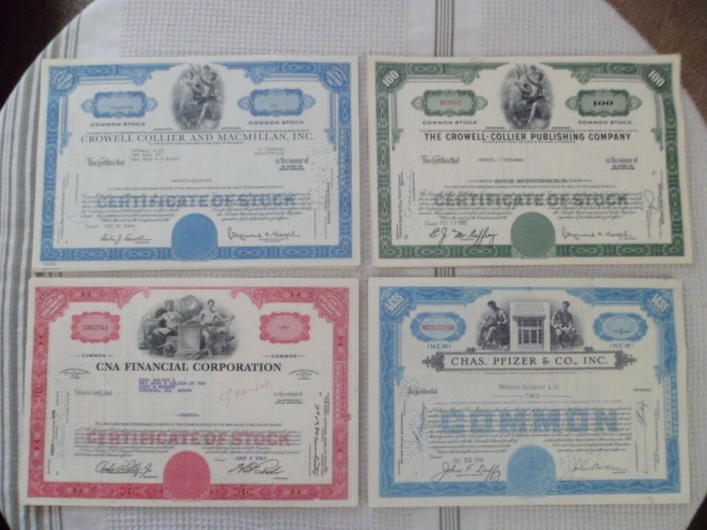 Canceled Stock Certifacates Lot Of 5 Cna Financial Chas Pfizer & Co More Gift