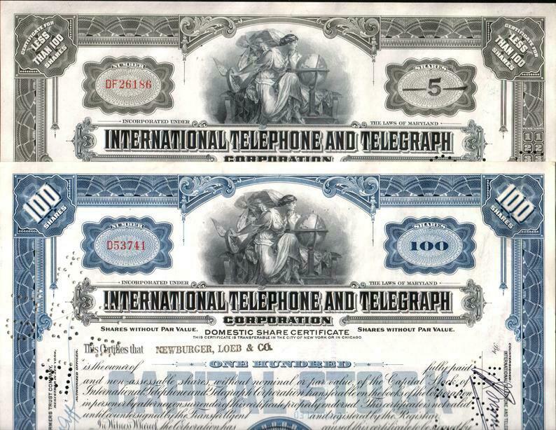 100 Crisp Itt (international Telephone Telegraph) Stocks! Oldest Type! Cv $20 Ea