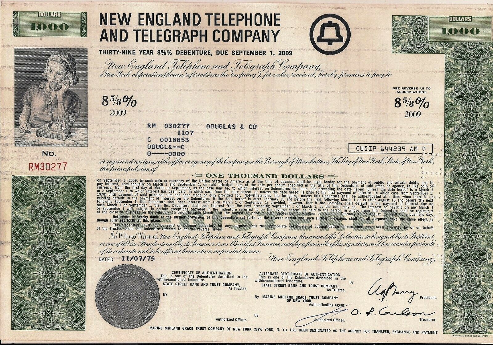 New England Telephone & Telegraph Company $1000 Bond Dated 1975