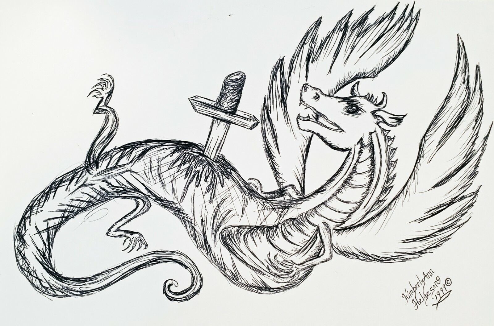 Death Of The Dragon 11x14 Art Print Of Black Ink Drawing Signed By Artist Ksams