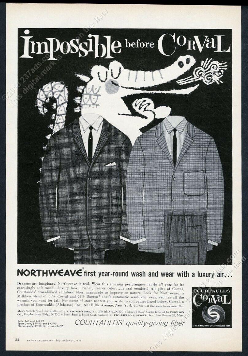 1959 Happy Dragon Cartoon Art Courtaulds Men's Sportcoat Vintage Print Ad